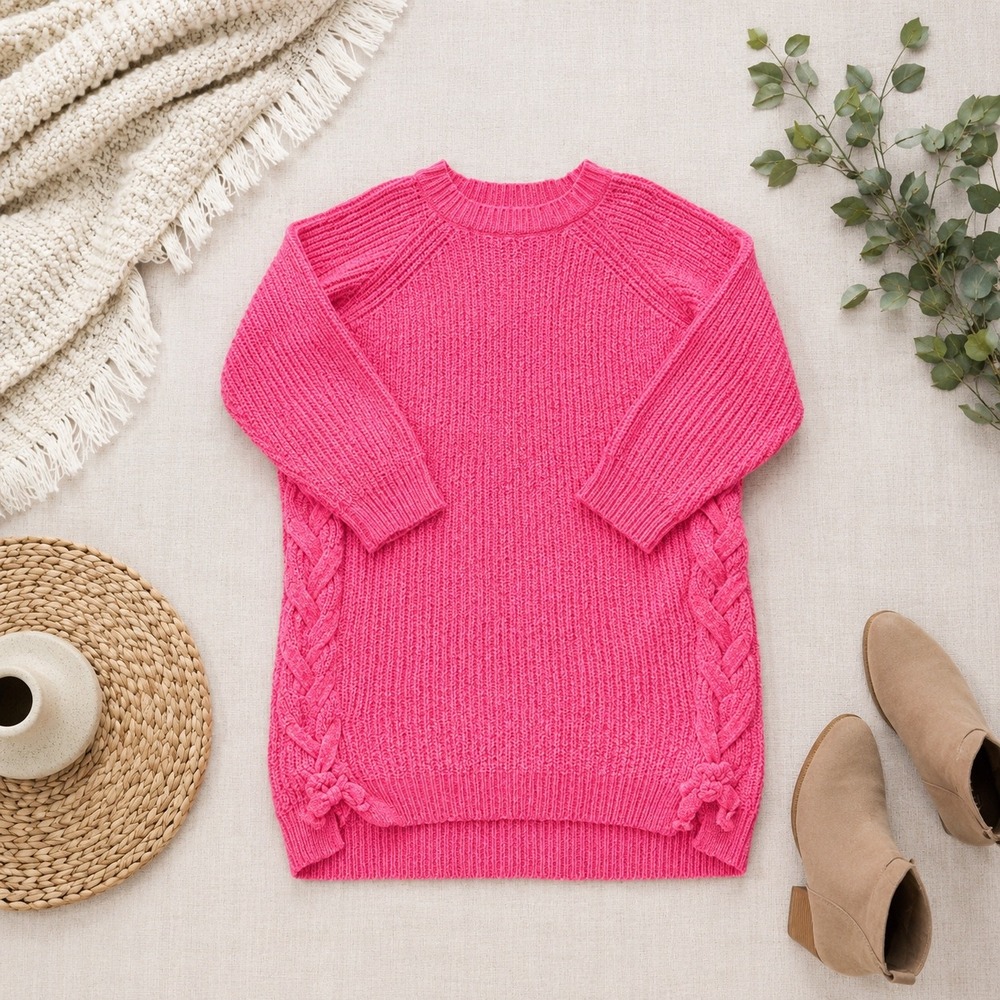 Tommy Bahama Sweater Top Women 10/12 Pink Chenille Braid Side Raglan